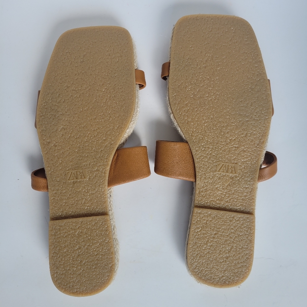 Zara Leather & Jute Flat Slide Sandals in Tan size 8.5 Boho - Picture 7 of 8